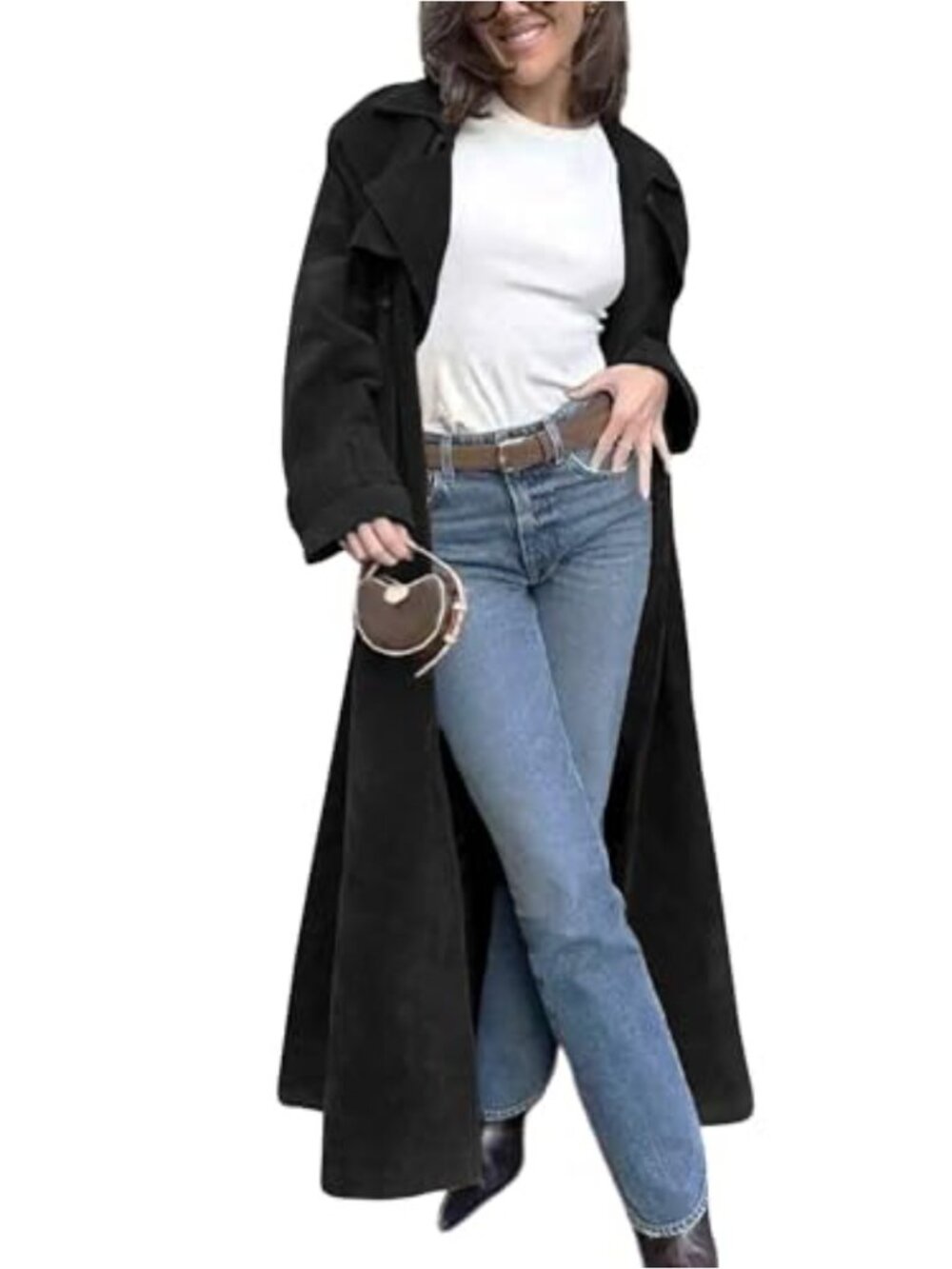 Faux Suede Double Breasted Long Trench Pea Coat with Belt - Women's